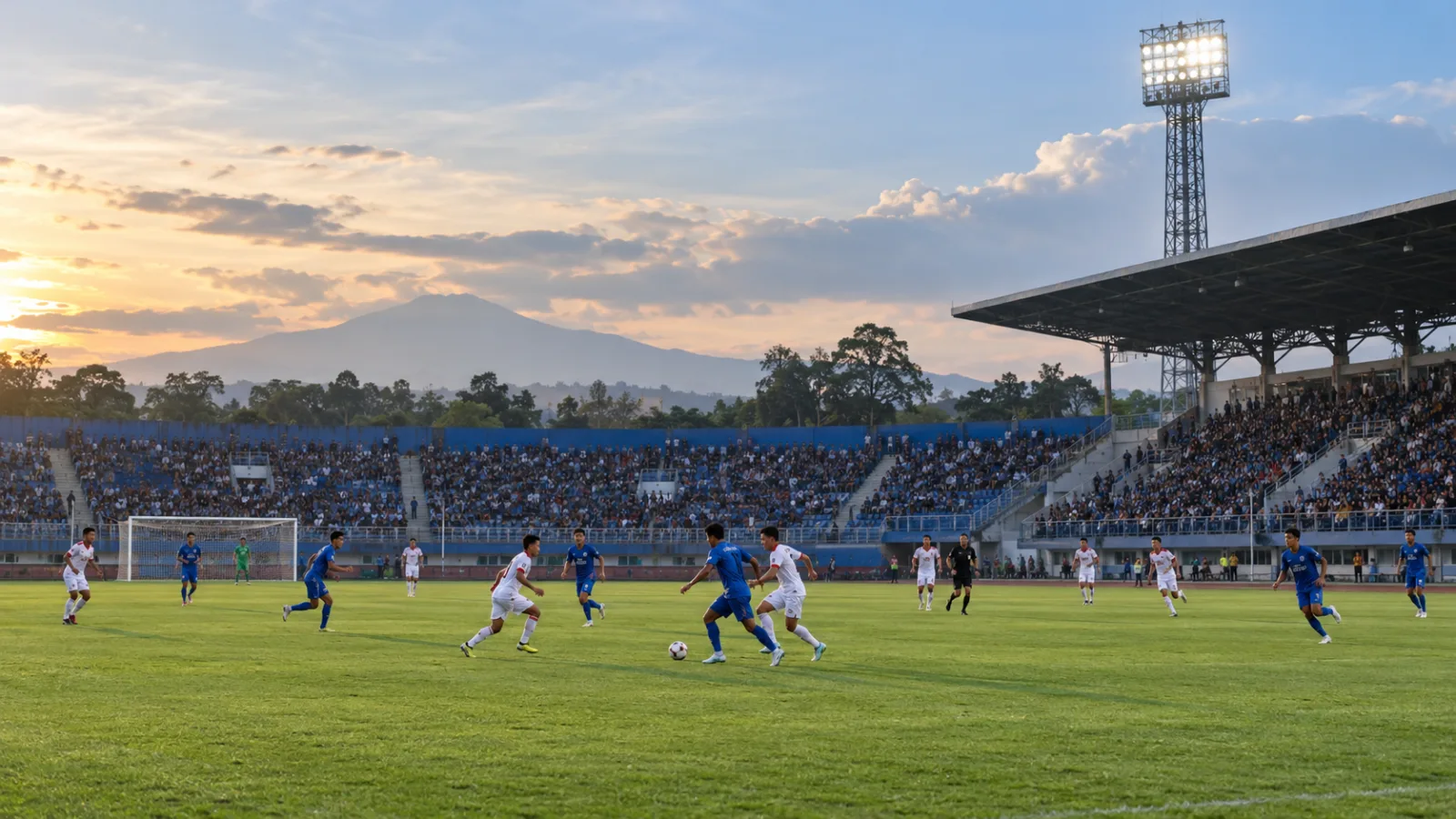 Ilustrasi AI bergaya foto editorial tentang "Arema Jamu Bali United di Kanjuruhan, Tim Tamu Bidik Kemenangan Tandang", tanpa tokoh nyata dan tanpa tulisan