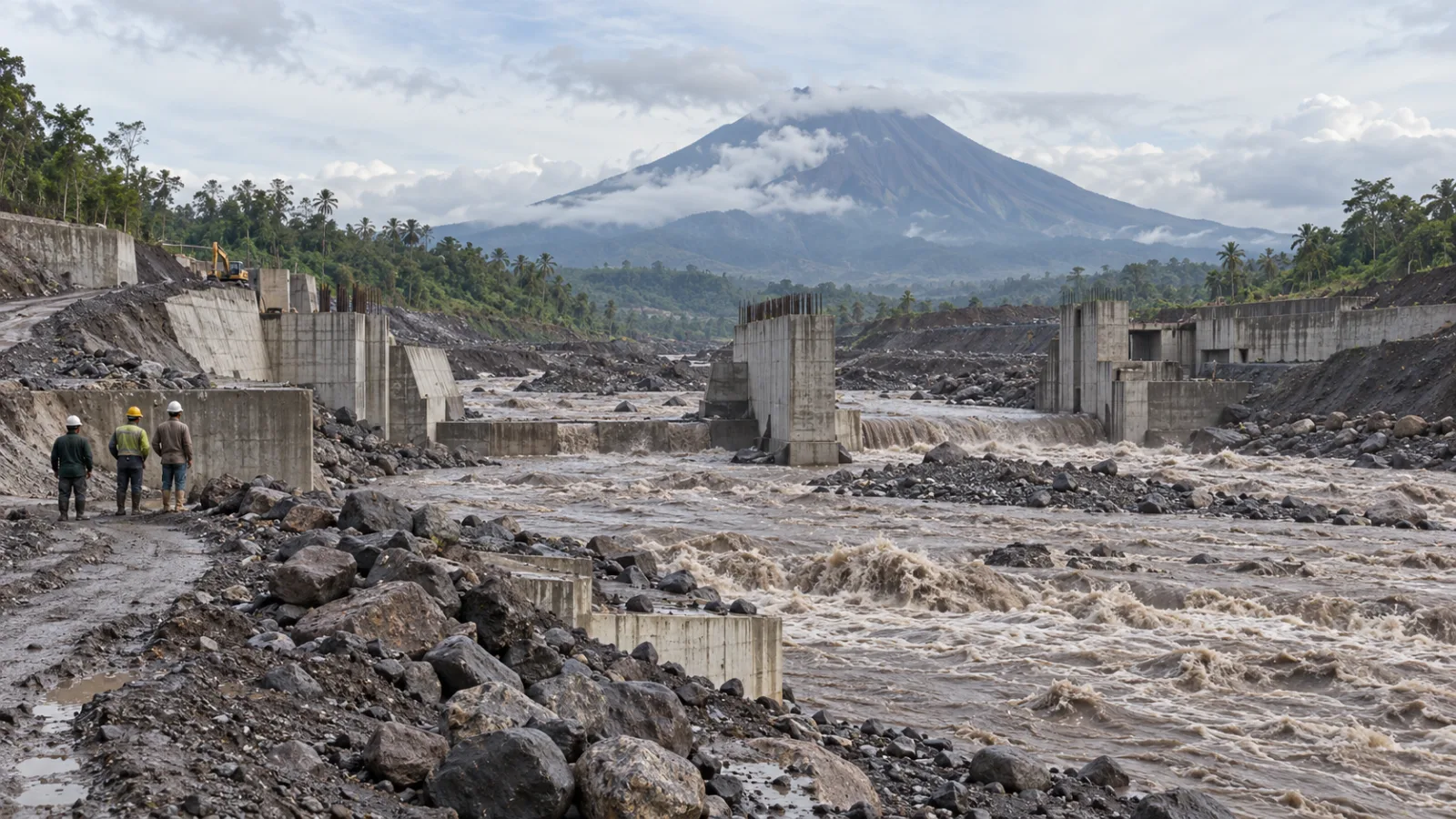 Ilustrasi AI untuk berita "Debit Air Naik Saat Banjir Lahar Semeru, Proyek Sabo Dam Terganggu"